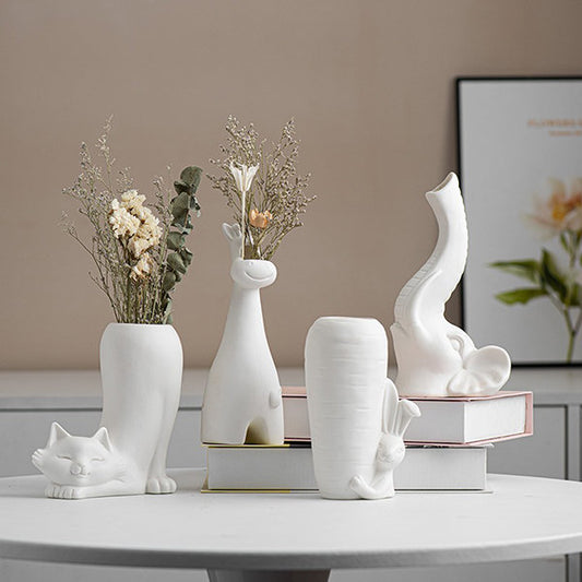 White Animal Vase - Ceramic - Rabbit - Giraffe - Elephant - Cat