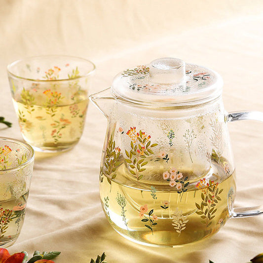 Floral Leaf Glass Cup and Teapot - High Temperature Resistant