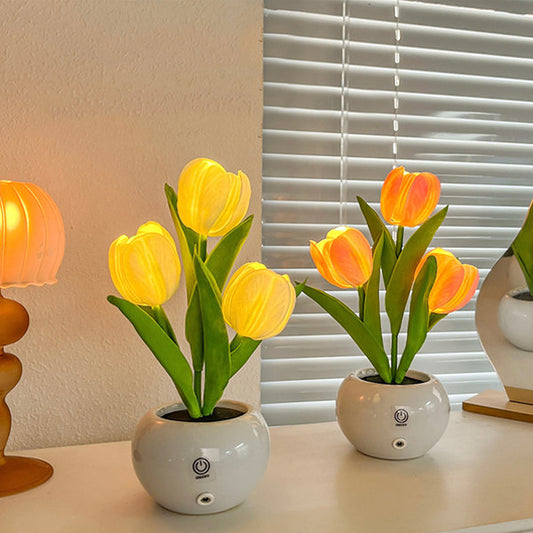 Tulips Night Light - Ceramic Base - Pink - White