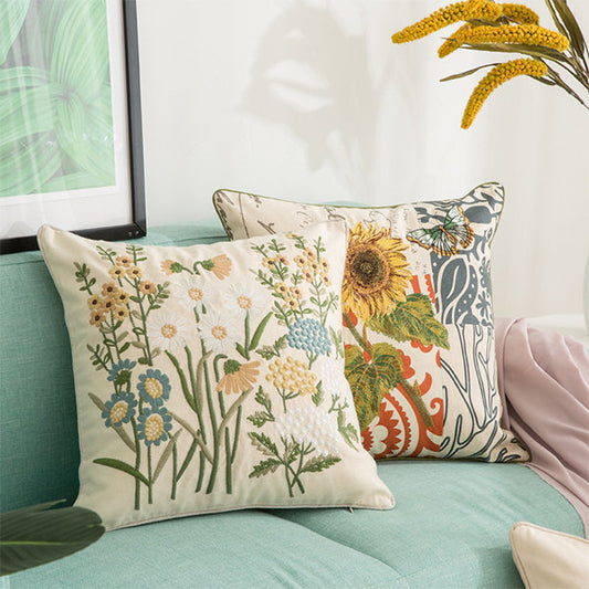 Embroidered Pillowcase - Linen - Sunflower - Chrysanthemum