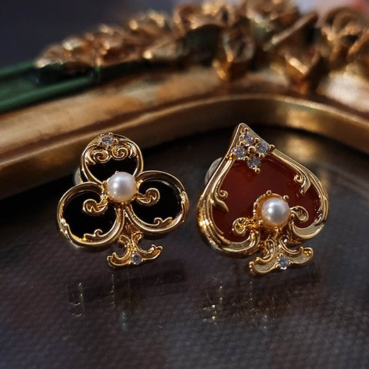 Asymmetrical Heart & Club Stud Earrings - Pearlescent Elegance - Unique Jewelry Design