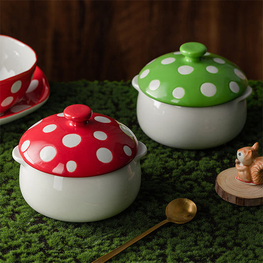 Ceramic Mushroom Bowls with Lids - Quirky Kitchenware - Playful Polka Dots