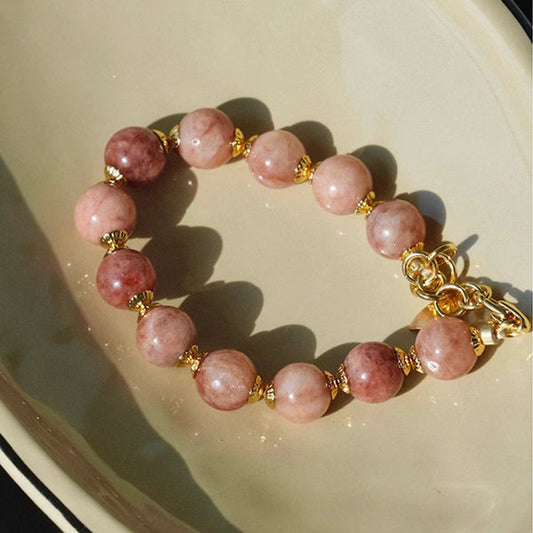Peach Blossom Stone Beaded Bracelet - Serene Grace - Golden Accents