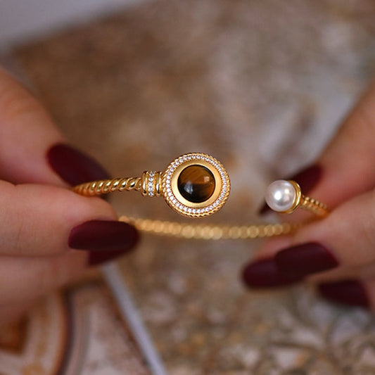 French Vintage Tiger Eye Bracelet - Refined Pearl Detailing - Classic Elegance